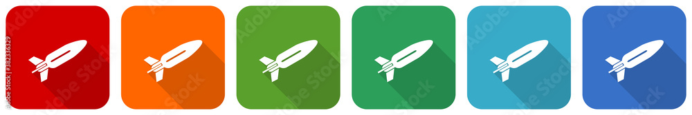 Missile, rocket, weapon, war icon set, flat design vector illustration in 6 colors options for webdesign and mobile applications Missile, rocket, weapon, war icon set, flat design vector illustration in 6 colors options for webdesign and mobile applications