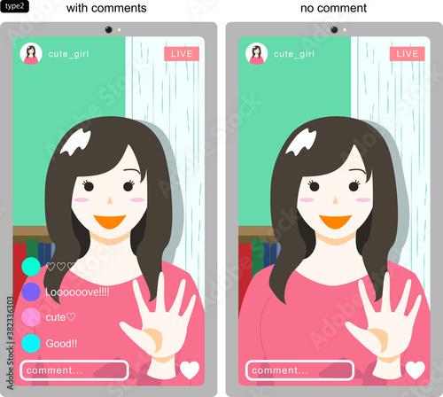 SNSのライブ配信をする若い女性を画面越しに見たイラスト2　線なし　コメントありなし版	