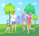 Family spending time in summer urban park playing with ball, leisure, children, mother, father have fun, recreation, mom, dad and kids play active game, playtime, relationships of parents and children