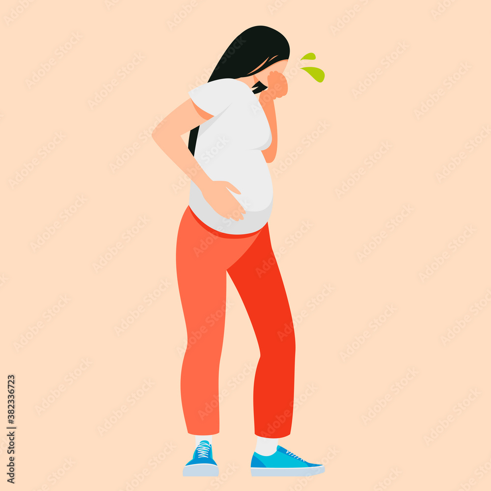 Young pregnant woman suffering from toxicosis flat cartoon illustration. Pregnancy symptoms, indigestion, poisoning. Feeling bad, out of shape during motherhood.