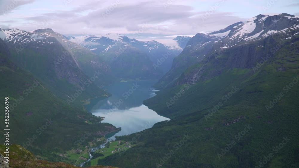 Lovatnet lake in Norway handheld establishing reveal handheld gimbal shot in 4k. Loen Skylift Olden Fiord view. Beautiful norwegian nature Lovatnet lake in Norway handheld establishing reveal handheld gimbal shot in 4k. Loen Skylift Olden Fiord view. Beautiful norwegian nature