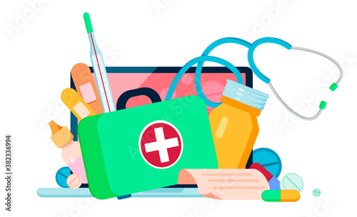 Online pharmacy flat cartoon illustration. Telemedicine banner. Hospital web design. Drug store background.