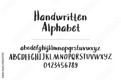 hand drawn alphabet, letters and numbers on white background, vector illustration