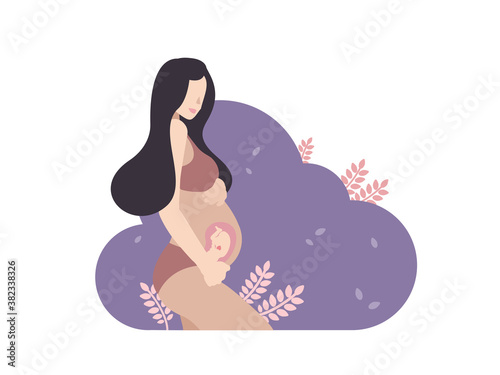 Simple Vector illustration of a woman expecting a baby, flat people. Happy mom with baby. Pregnancy Pretty pregnant woman. 
Nice pink and purple pastel colors