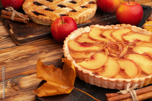 Apple tart pie for Thanksgiving celebration on wooden table
