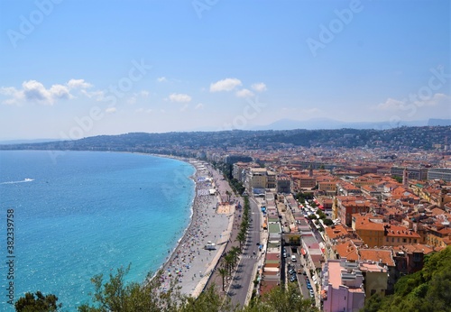 Panoramic aerial view of the sea, coast, city and Promenade des Anglais, Nice, South of France