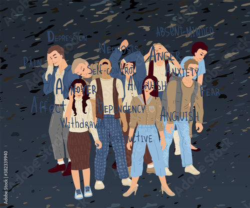 Crowd of people tired and stressed, mental personality disorders, depression and blues. Text of terms of psychology. Isolated people on background.