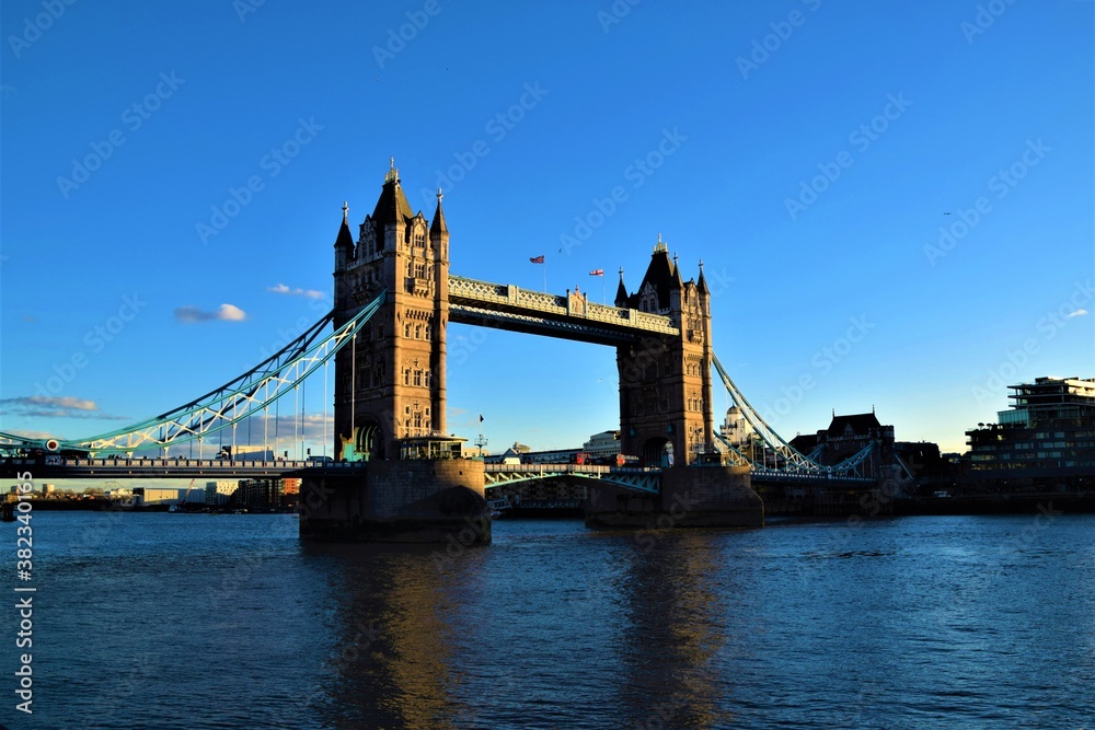 The iconic Tower Bridge and River Thames with clear blue sky, London, United Kingdom