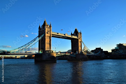 The iconic Tower Bridge and River Thames with clear blue sky, London, United Kingdom