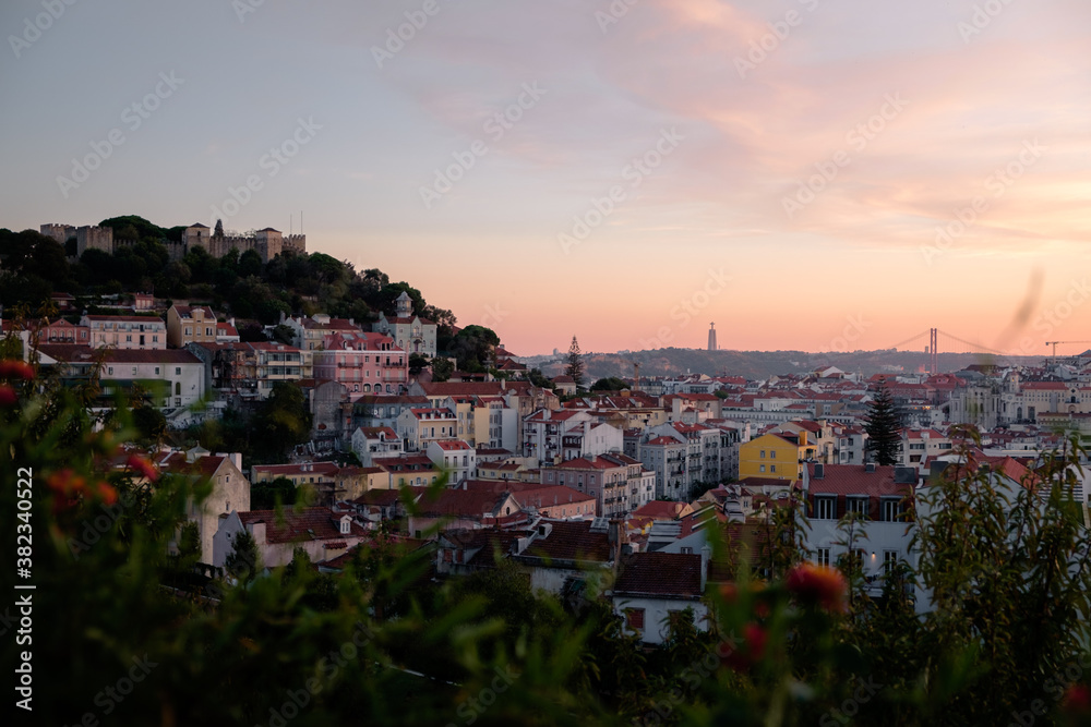 Panoramic view of Lisbon Castle at sunset in summer