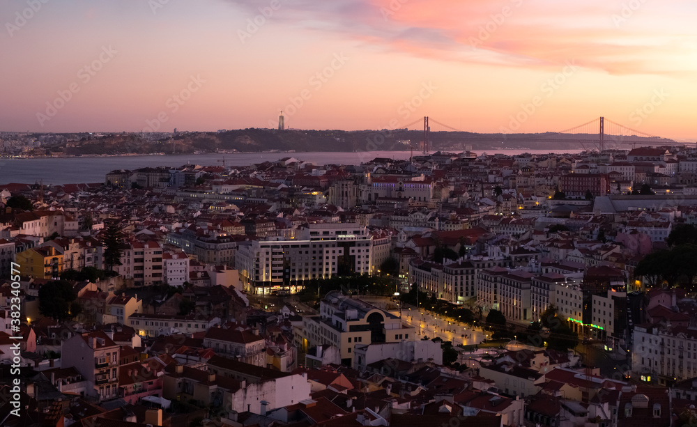 High panoramic view of Lisbon downtown at sunset in summer