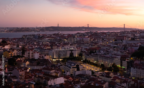 High panoramic view of Lisbon downtown at sunset in summer