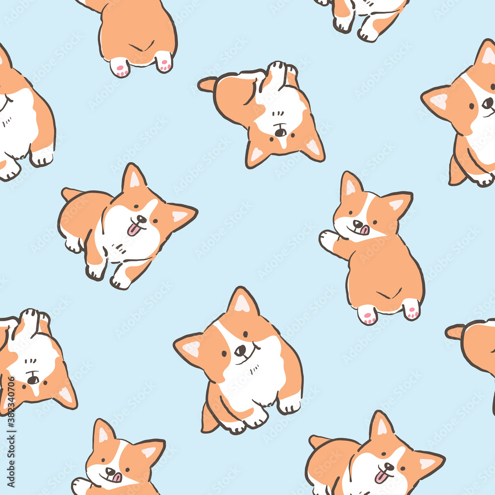 Seamless Pattern with Cartoon Corgi Dog Design on Light Blue Background  Stock Vector | Adobe Stock