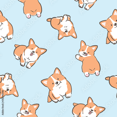 Seamless Pattern with Cartoon Corgi Dog Design on Light Blue Background