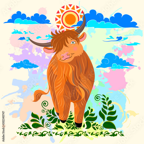 Cheerful cartoon bull sits galloping on the grass. Scottish long-haired bull on a background of colored blots. Design of children's clothing, packaging, notebooks and notebooks