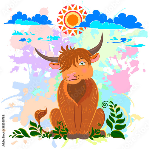 Cute cartoon Scottish longhaired bull sitting on the grass. Bull against the background of multi-colored spots and clouds. Design of T-shirts, sweatshirts, bags, packages, notebooks.