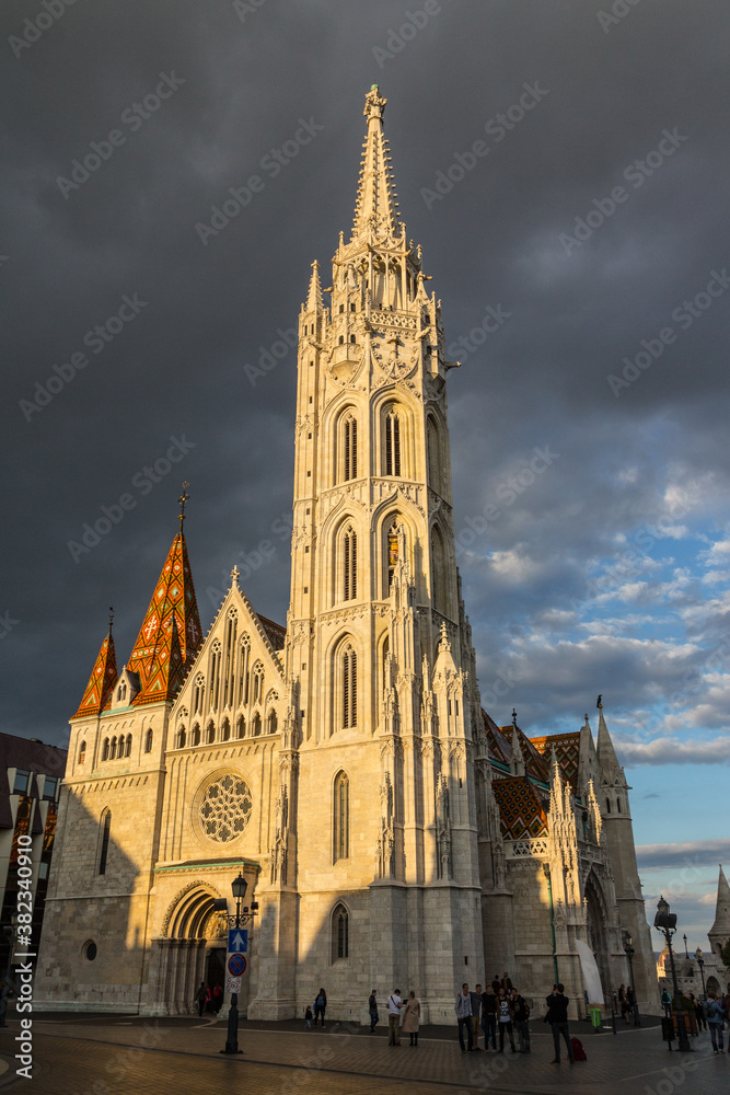 View of St. Matthias Church in Budapest before a thunderstorm. Hungary