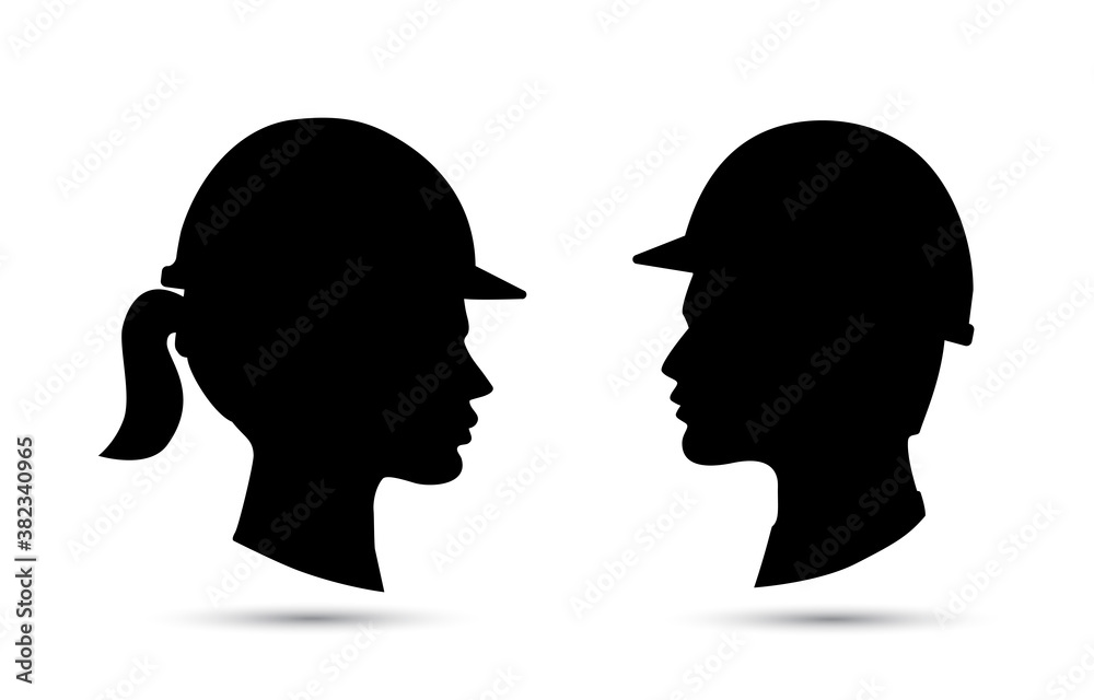 Safety hat icon. Man and woman head profile