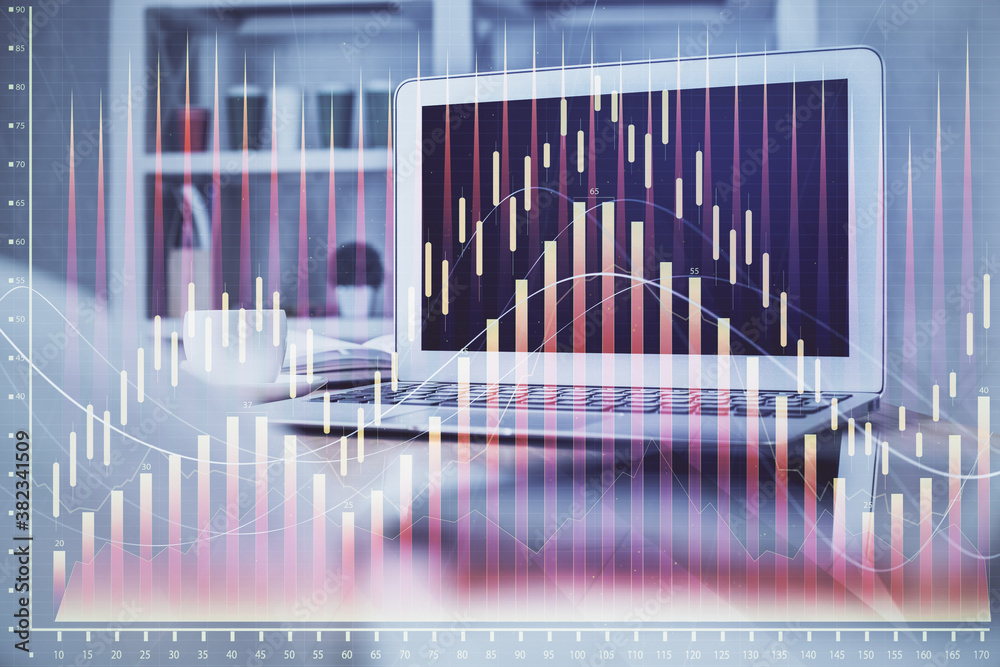 Financial market graph hologram and personal computer on background. Multi exposure. Concept of forex. Financial market graph hologram and personal computer on background. Multi exposure. Concept of forex.