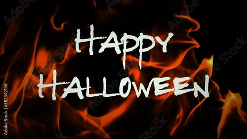 White 60 fps happy halloween inscription on a black background and a background of burning fire, the effect of an old tube TV. High quality 4k footage