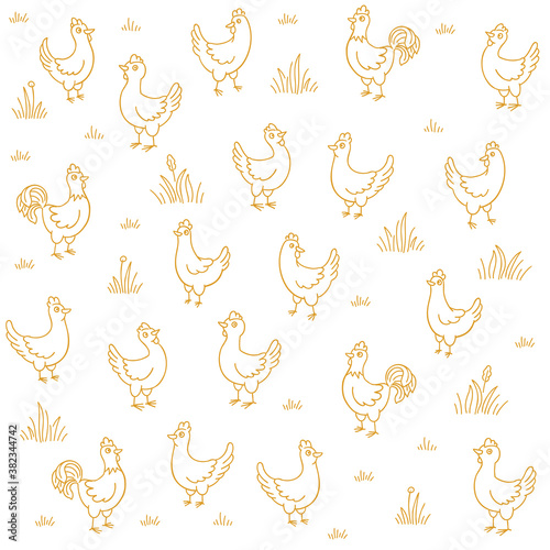 Poultry farm henhouse sketch. Free grazing. Chicken coop factory. Rustic barnyard. Village rural countryside landscape. Hand drawn contour vector line.