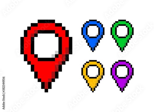 Pixel art 8-bit map pin, pointer, marker, destination, gps icon set. Red, blue, green, yellow, purple - isolated editable vector illustration