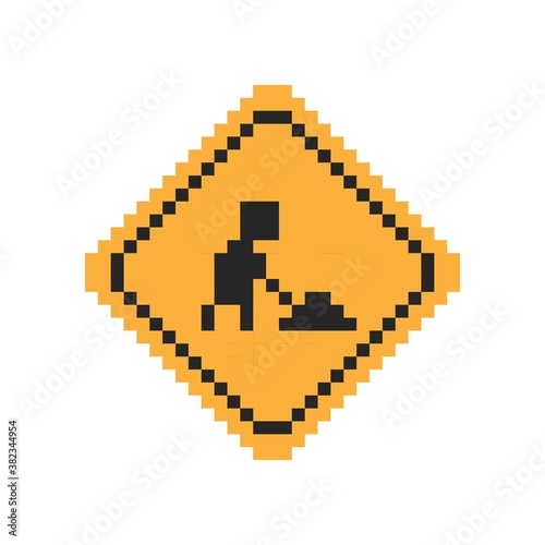 Pixel art 8-bit under construction sign with man digging ground orange road sign - isolated editable vector illustration