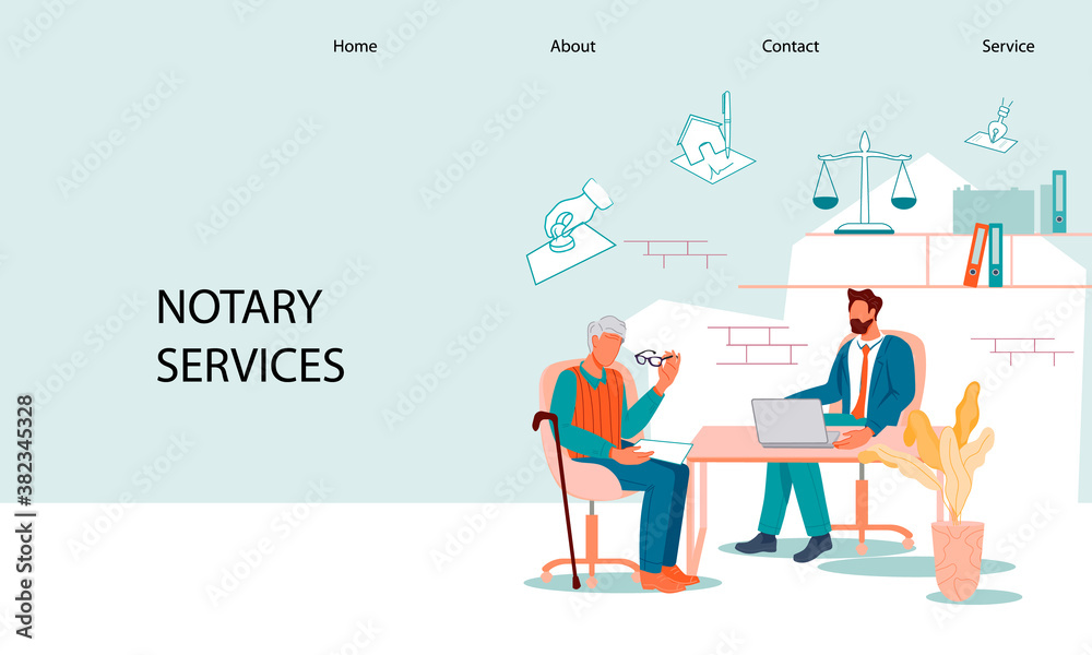 Notary services web banner template with elderly man at notary appointment. Web page with senior person visit lawyer office for signing and legalization testament document, flat vector illustration. Notary services web banner template with elderly man at notary appointment. Web page with senior person visit lawyer office for signing and legalization testament document, flat vector illustration.