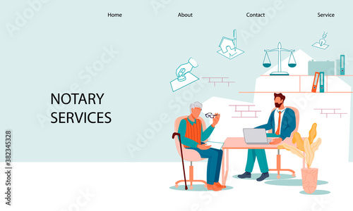 Notary services web banner template with elderly man at notary appointment. Web page with senior person visit lawyer office for signing and legalization testament document, flat vector illustration. 