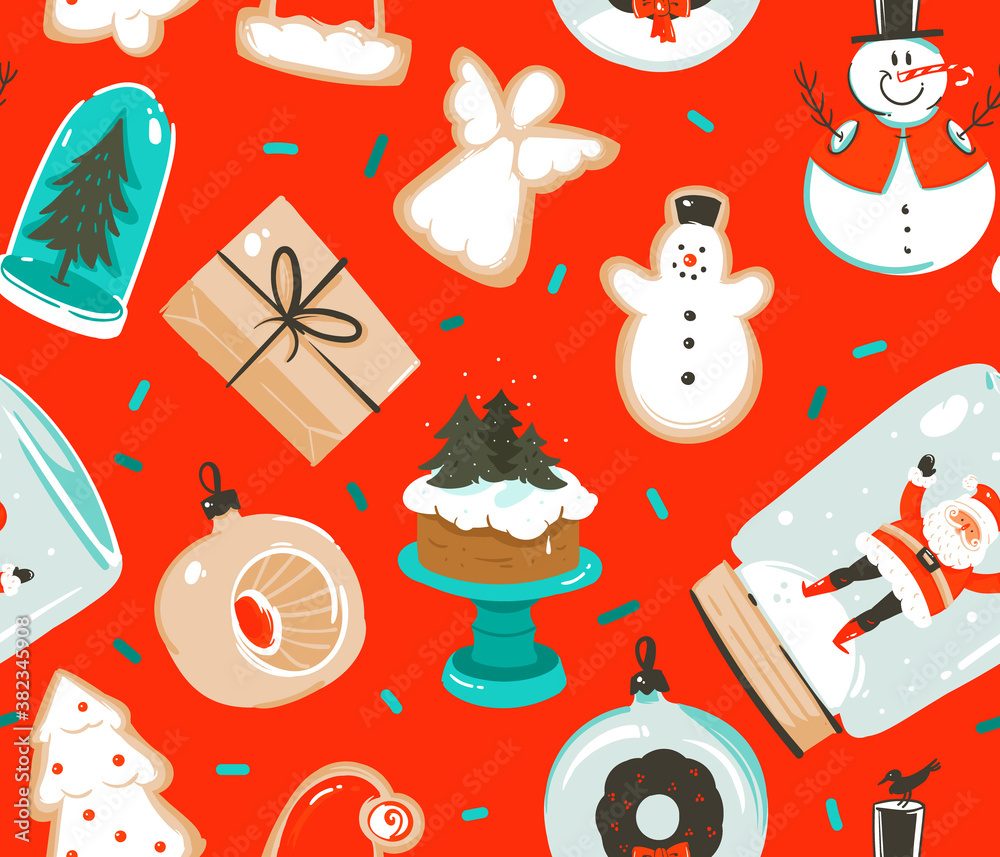 Hand drawn vector abstract fun stock flat Merry Christmas,and Happy New Year time cartoon festive seamless pattern with cute illustrations of Xmas retro vintage toys isolated on color background Hand drawn vector abstract fun stock flat Merry Christmas,and Happy New Year time cartoon festive seamless pattern with cute illustrations of Xmas retro vintage toys isolated on color background