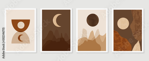 Mountain wall art vector set. Earth tones landscapes backgrounds set with moon and sun. Abstract Plant Art design for print, cover, wallpaper, Minimal and natural wall art. Vector illustration..