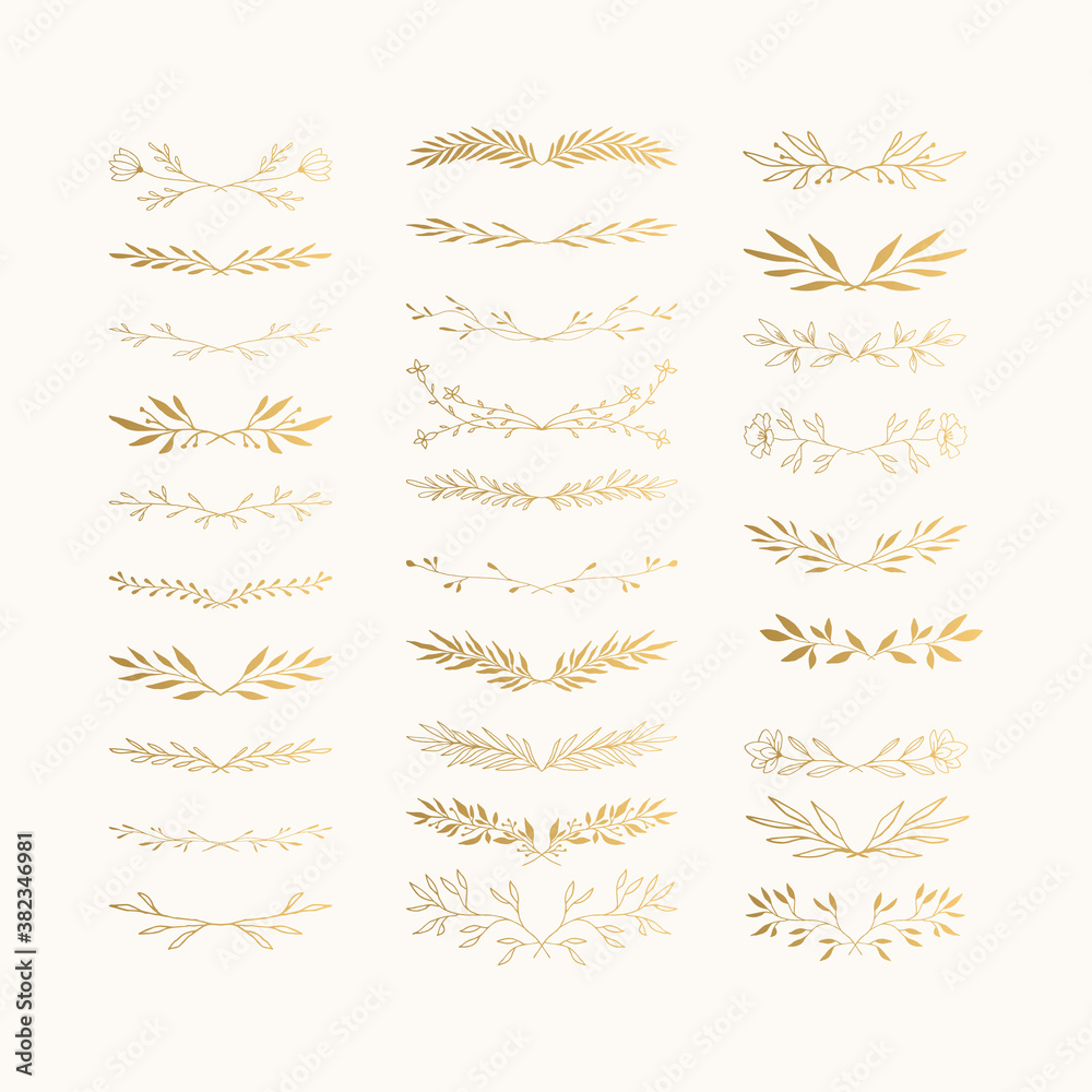 Set of hand drawn golden dividers and laurels. Vector isolated illustration. Set of hand drawn golden dividers and laurels. Vector isolated illustration.