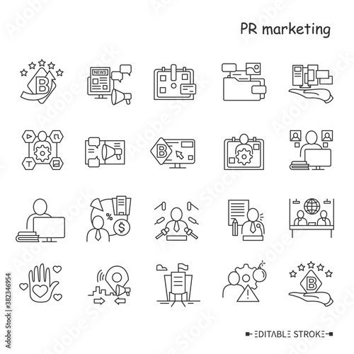 PR marketing line icons set. Brand image and attributes. public relations professionals, corporate website and company management depiction. Isolated vector illustrations. Editable stroke 