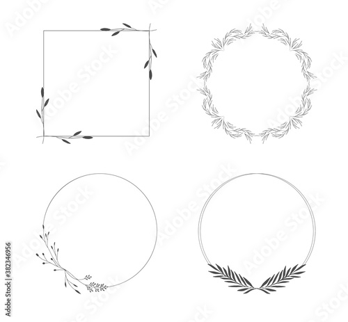 Set of hand drawn frames with floral design elements. Wreaths and borders for feminine style. Vector isolated.