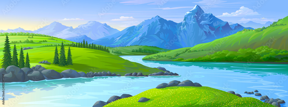Fototapeta An illustration of the icy mountains in the distance with lush green fields of meadows and a river flowing across the vast lands.
