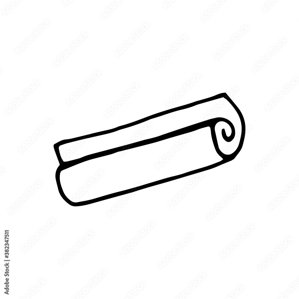 Single vector folded mat icon hand drawn in doodle style. Element of camping set, yoga carpet. Rolled paper sheet. Touristic equipment for sleeping in tent. Suitable for logo, stickers, prints, flyers Single vector folded mat icon hand drawn in doodle style. Element of camping set, yoga carpet. Rolled paper sheet. Touristic equipment for sleeping in tent. Suitable for logo, stickers, prints, flyers