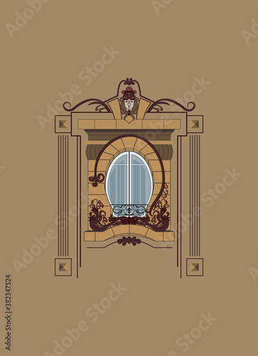 Art Nouveau window with decorative details. Jugendstil window frame. Building facade with a french balcony. 