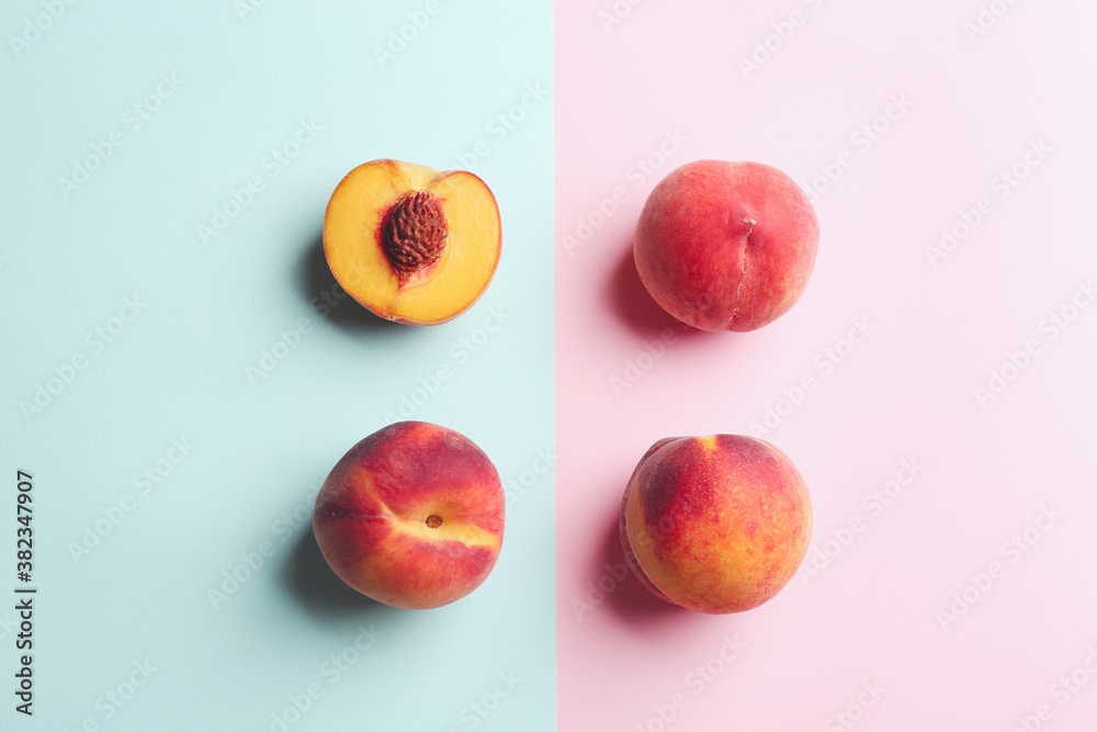 Fresh ripe peaches on color background, flat lay Fresh ripe peaches on color background, flat lay