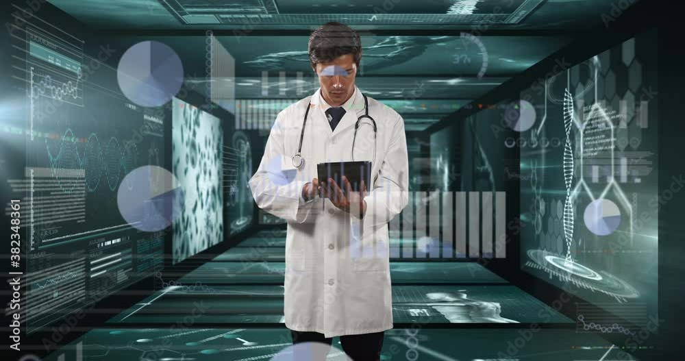 Male doctor using digital tablet against screens with medical data processing