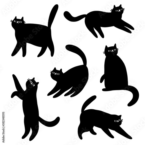 Black cats silhouettes, vector illustrations cartoon set