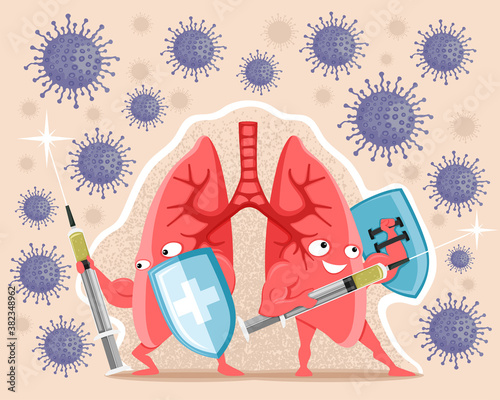 Illustration with healthy lungs with syringes with vaccine and shields protect against viruses.