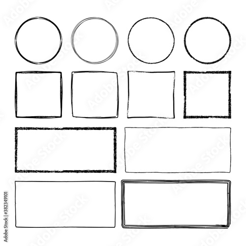 Hand drawn pencil frames. Rectangle, squared, circle borders. Vector illustration.
