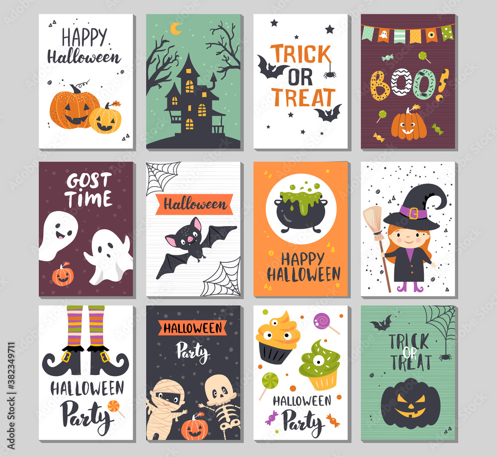 Halloween invitation set, greeting card design. Hand drawn vector illustration.