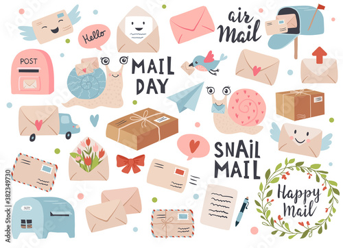 Mail and post icon set with envelopes and snail cartoon. Perfect for scrapbook, sticker kit, tags. Hand drawn vector illustration.