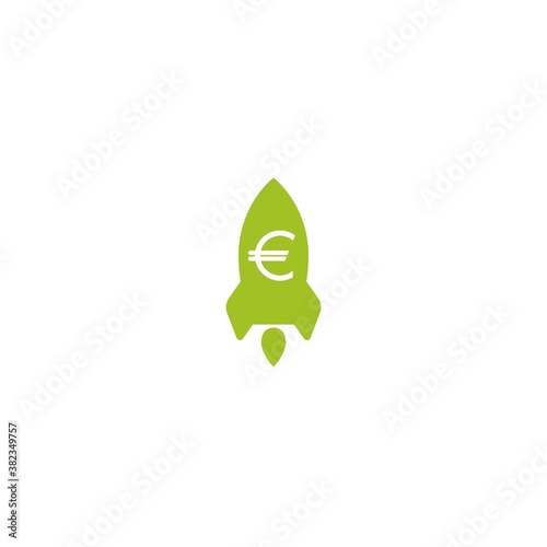 Green Rocket ship with fire with euro sign. Euro growth vector icon. Flat icon. Isolated on white.