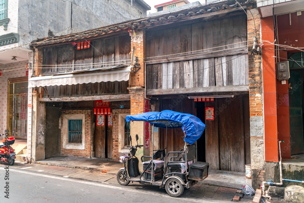 The rural street view of old traditional river fisherman village on Hainan in China