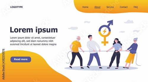Male and female teams pulling rope. Tug-of-war, competition, different ages and generation flat vector illustration. Gender equality, contest concept for banner, website design or landing web page