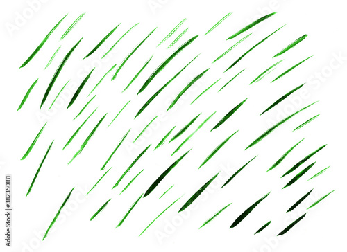 Abstract pattern of green slanted paint strokes. Set of watercolor brush strokes isolated on white background