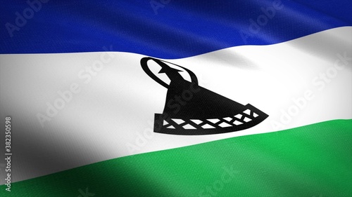 Flag of Lesotho. Realistic waving flag 3D render illustration with highly detailed fabric texture