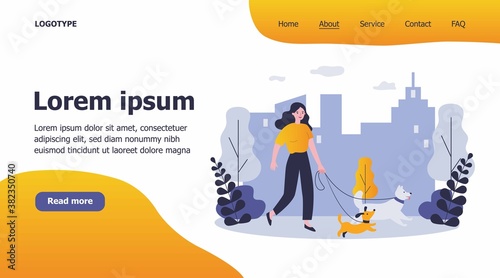 Happy woman walking dogs on leashes in city park. Vector illustration for pets, animal care, activity, leisure, friendship concept